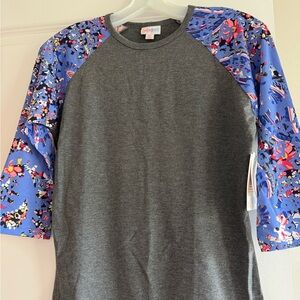 LuLaRoe Women’s Gray and Purple Floral Raglan Randy Tee Size XS